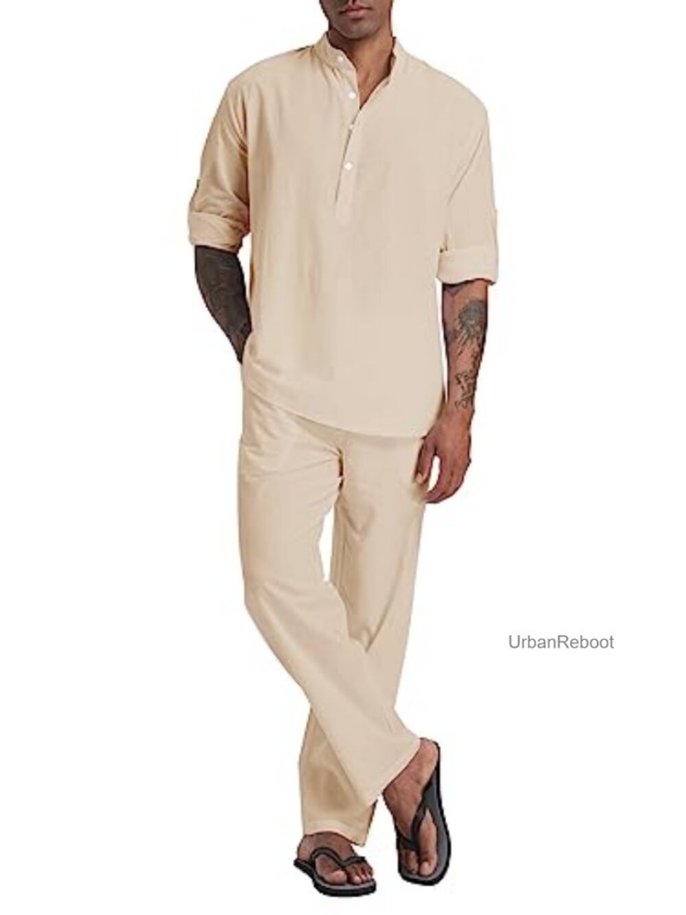 Men's Linen 2 Piece Set Long Sleeve Henley Shirt with Pants Casual Summer